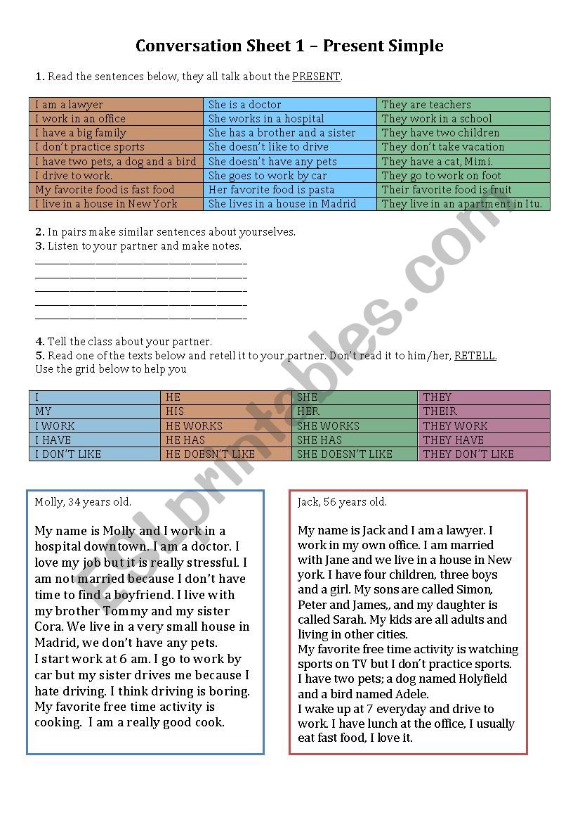 Conversation sheet for beginners - Present Simple