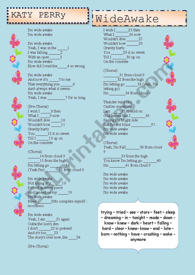 katy perry. wide awake worksheet