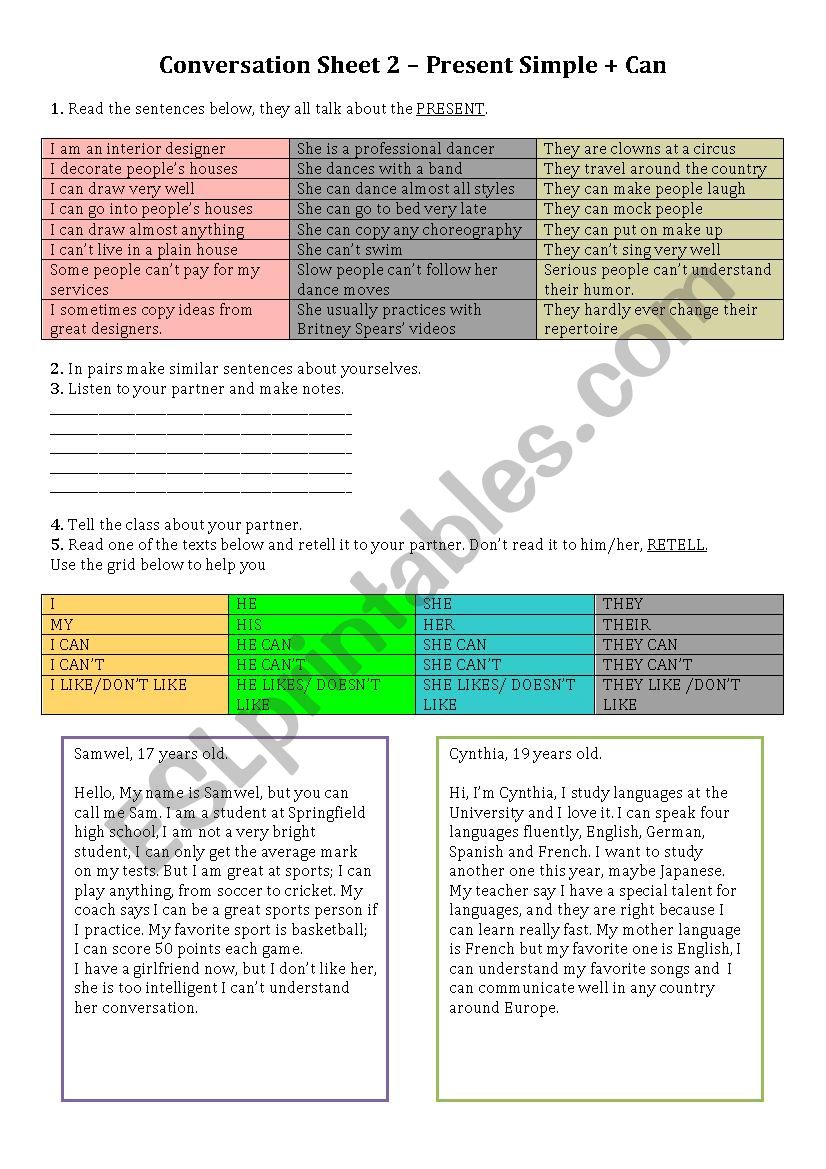 Conversation Sheet 2 - Present simple + Can