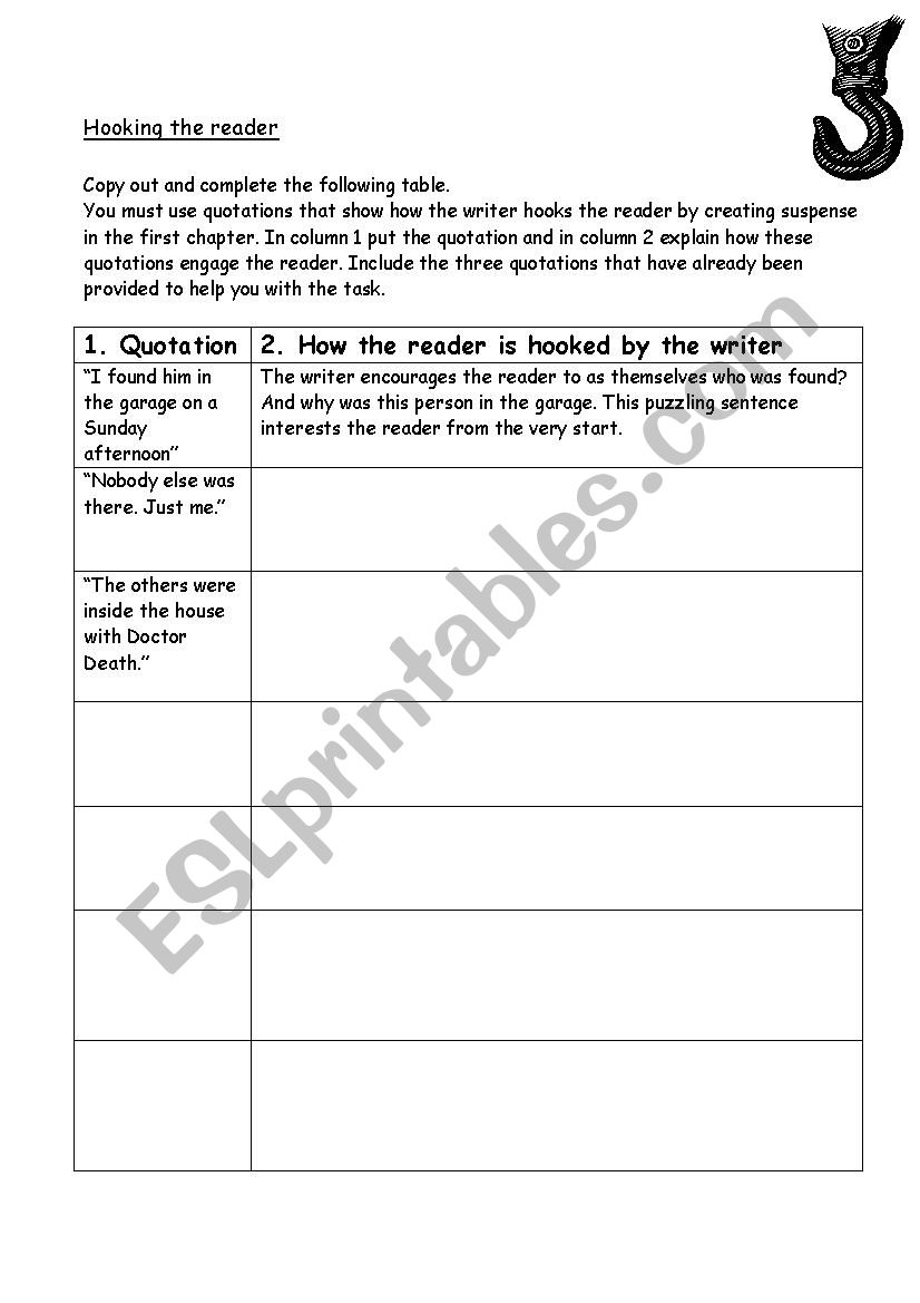 Skellig Hooking The Reader worksheet