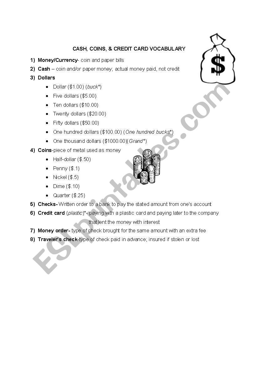 MONEY VOCABULARY worksheet