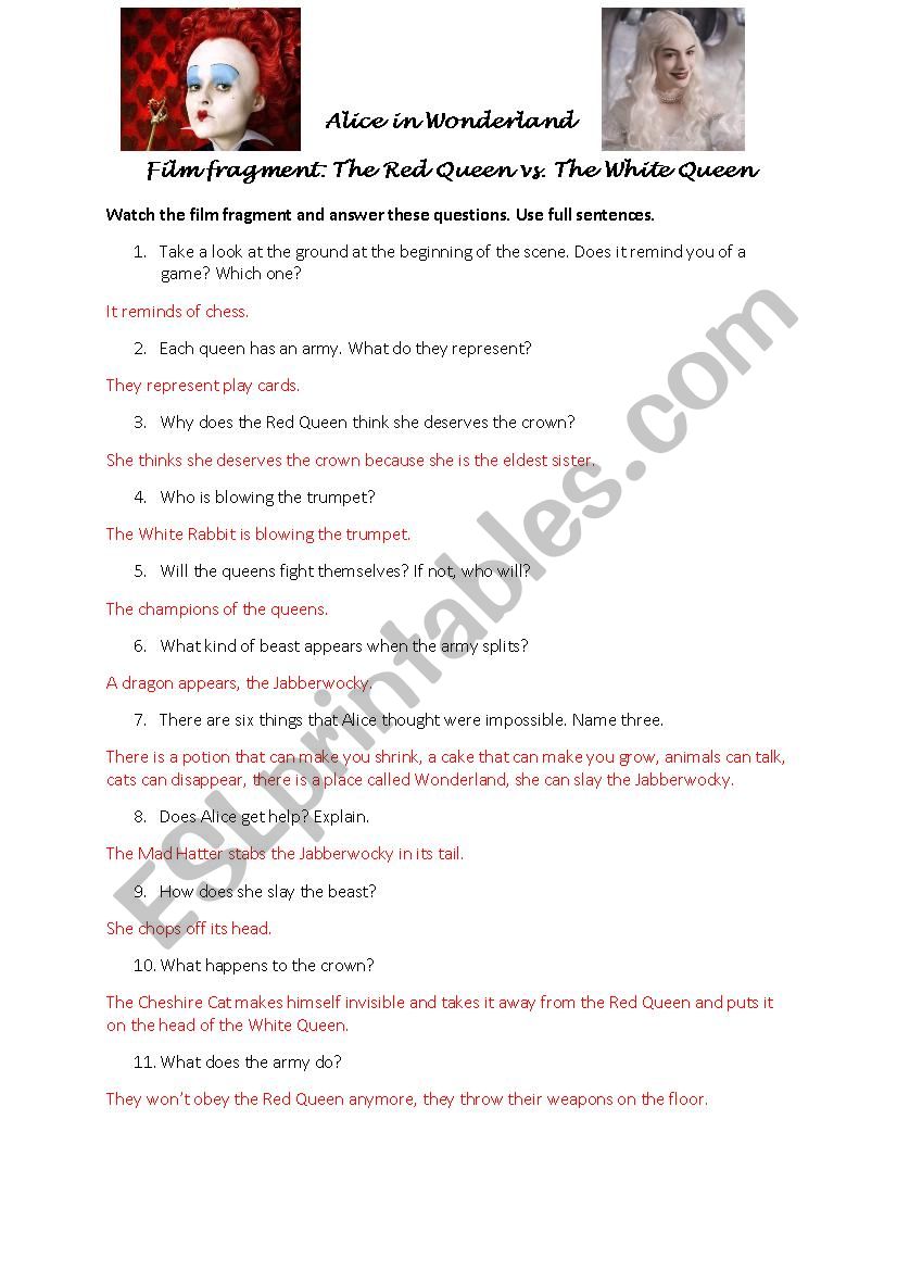 Alice in Wonderland part 1 worksheet