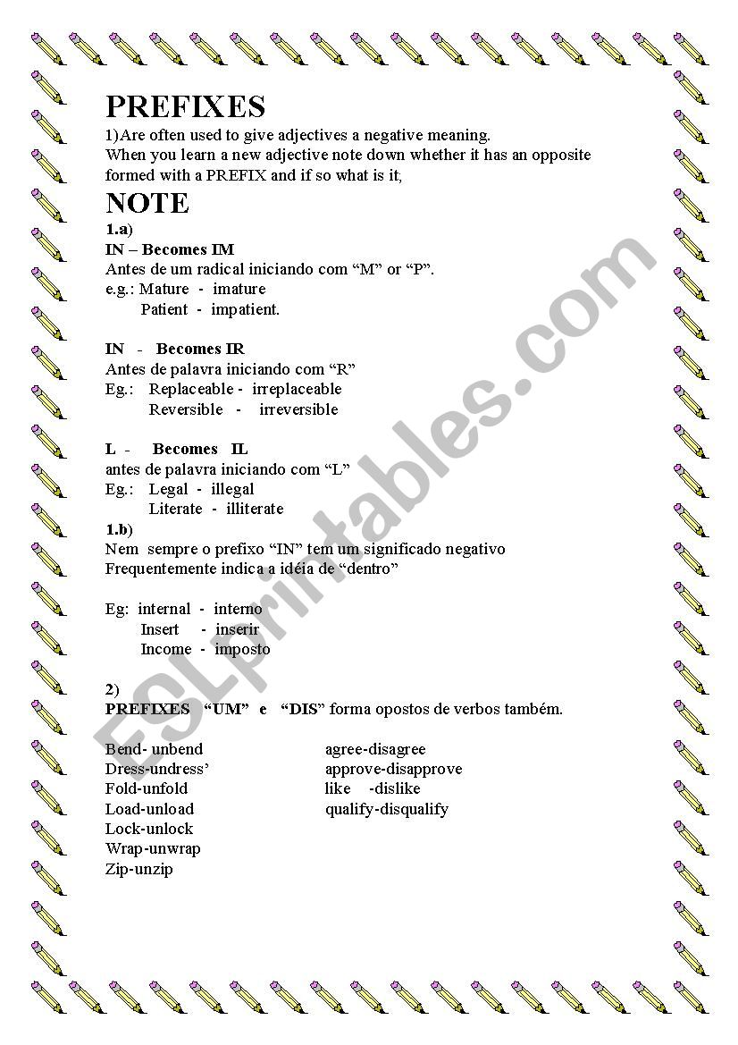 PREFIXES worksheet