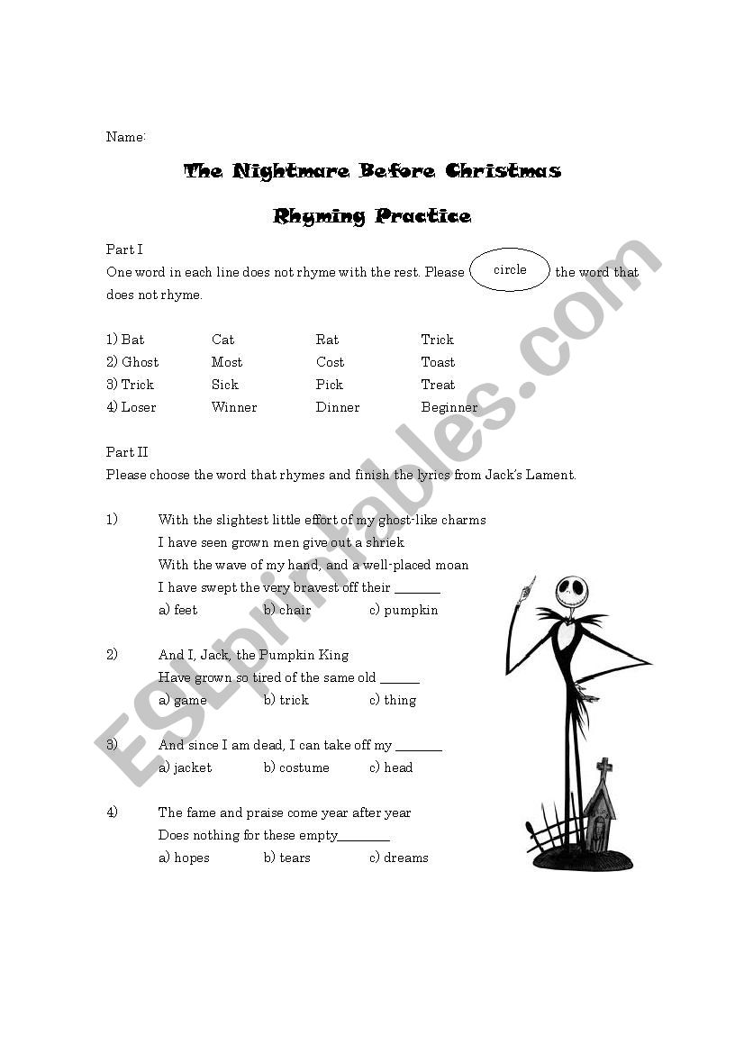 The Nightmare Before Christmas Rhyming Practice