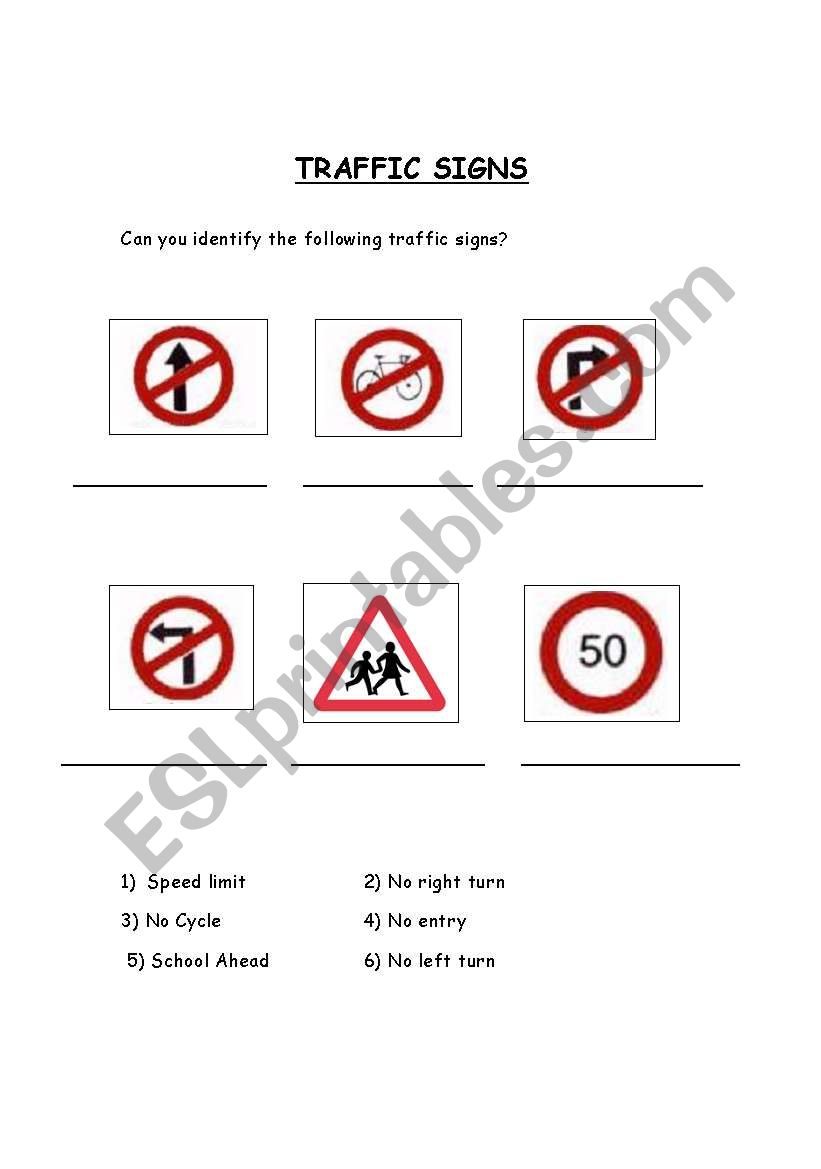 Traffic signs  worksheet