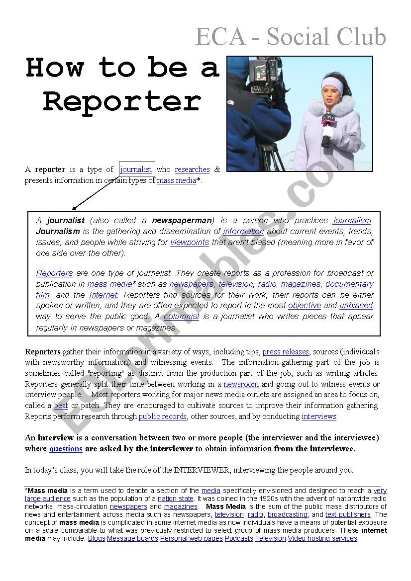 How to be a Reporter worksheet