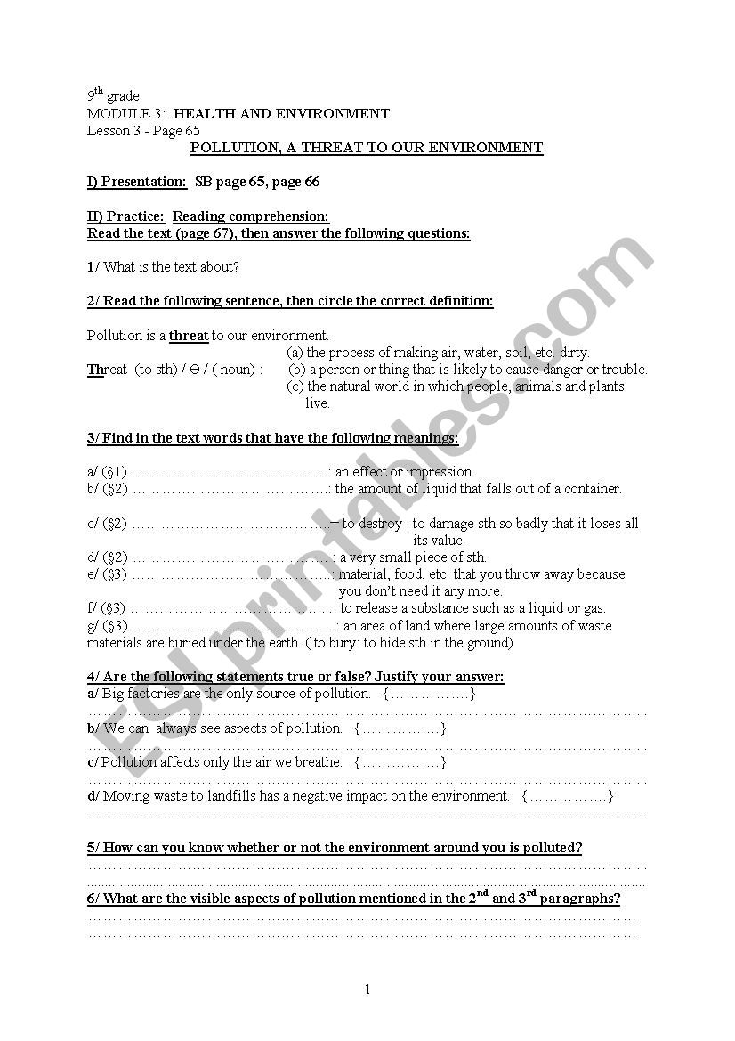 Pollution, A Threat to Our Environment (Lesson3, M3, 9th gr.)
