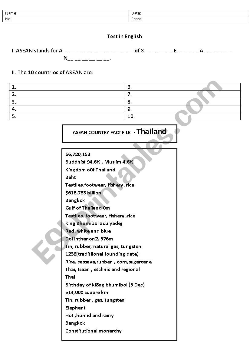 Asean Test Thailand worksheet