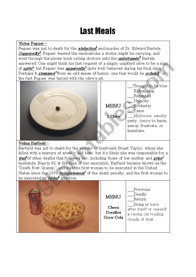 Last Meals worksheet