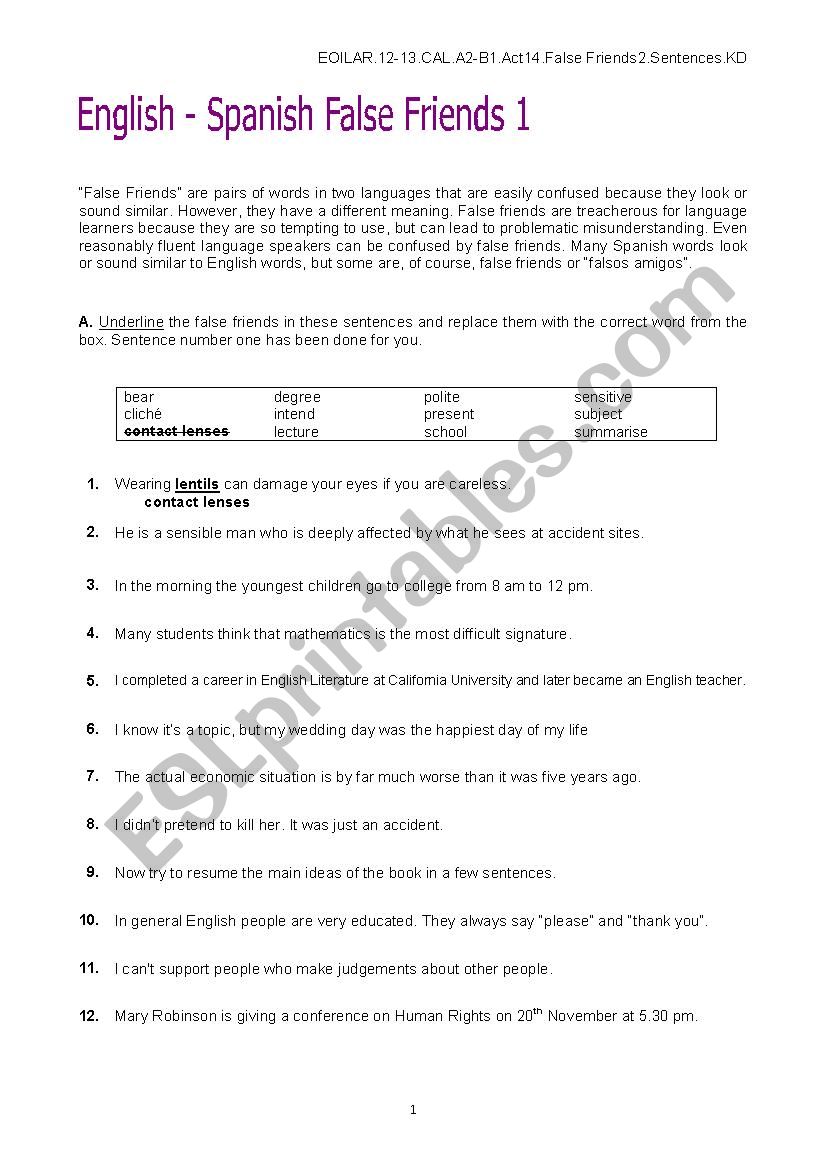 Common English-Spanish False Friends 3: Cloze Test + Key