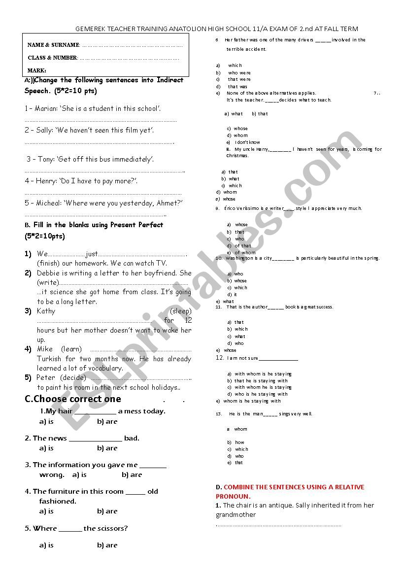 exam worksheet