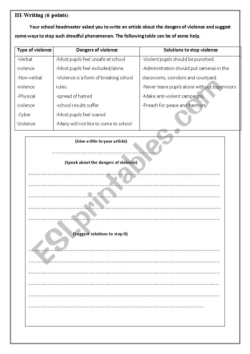 writing about school violence worksheet