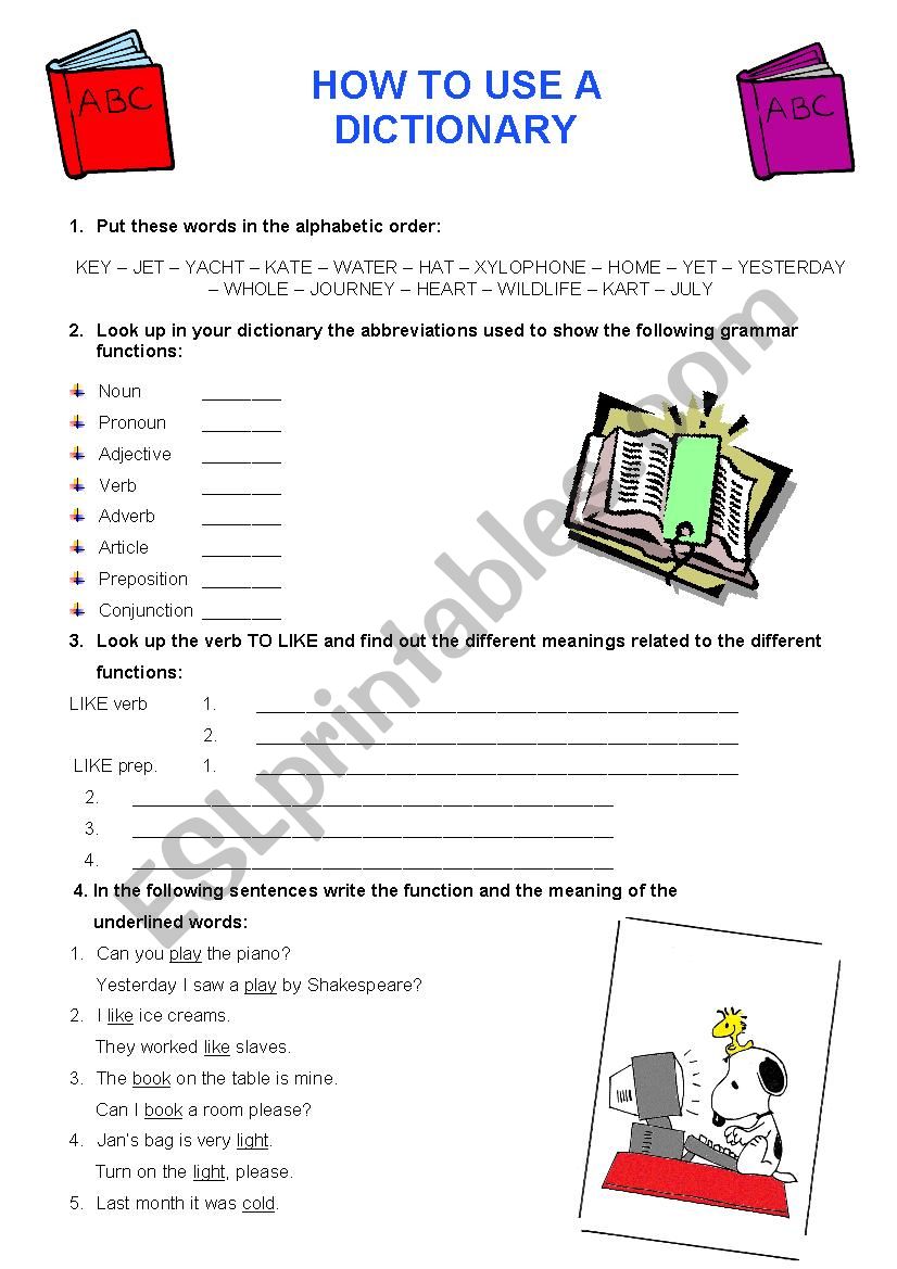 How to use a dictionary worksheet