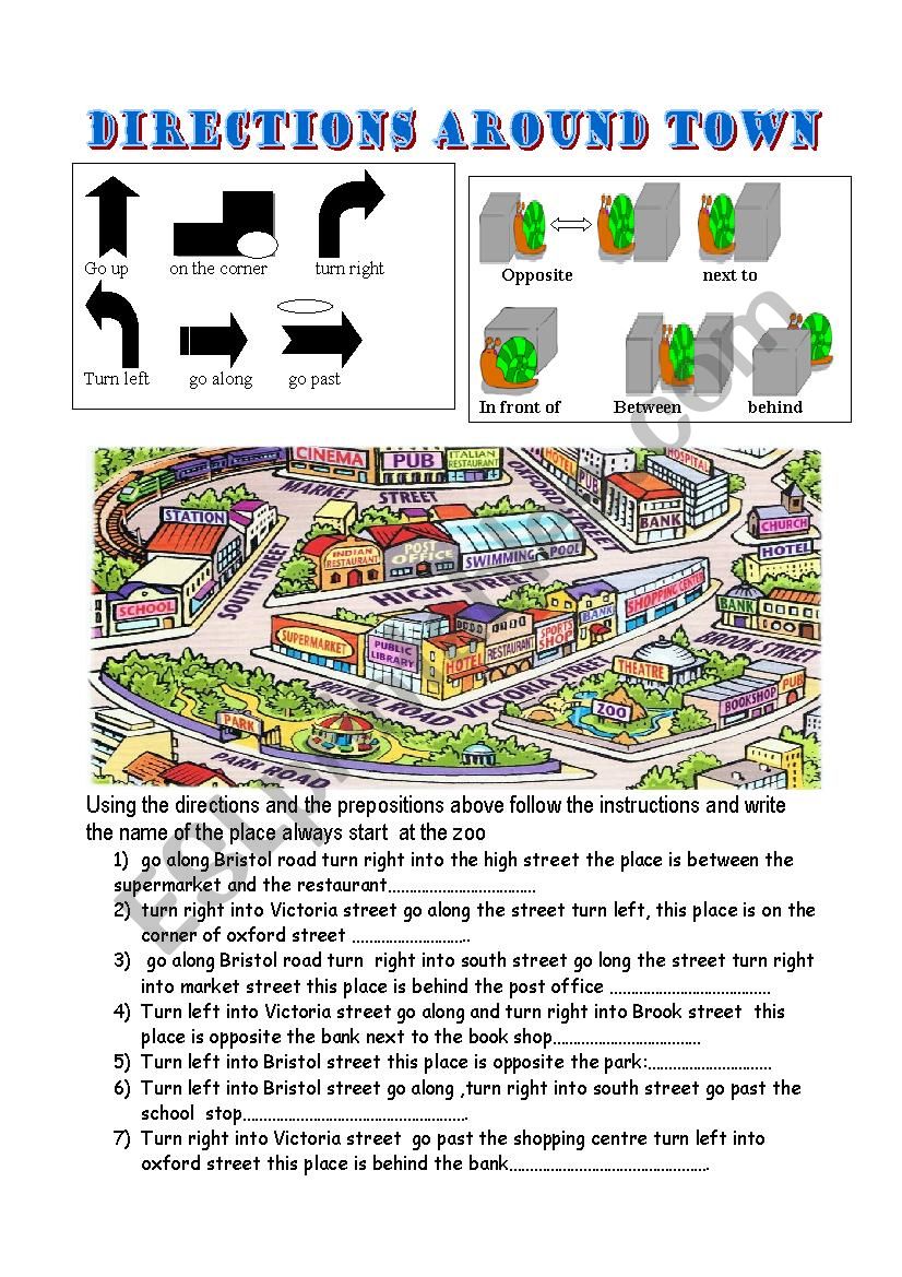 directions around town  worksheet