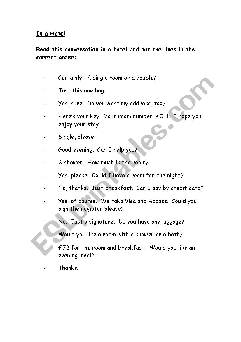 in a Hotel worksheet