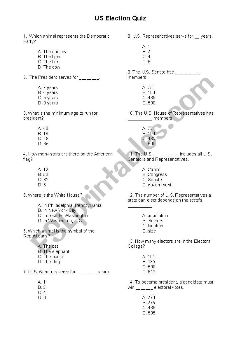 American election quiz worksheet
