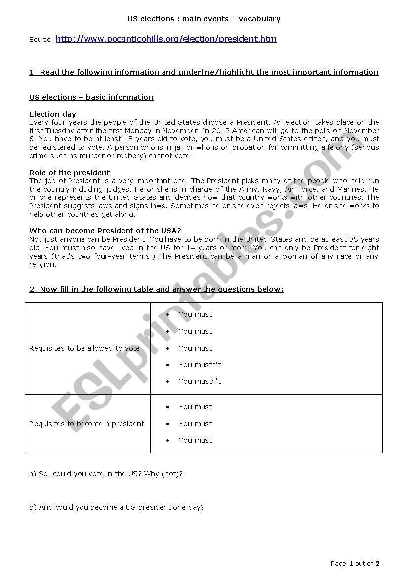 US election events worksheet