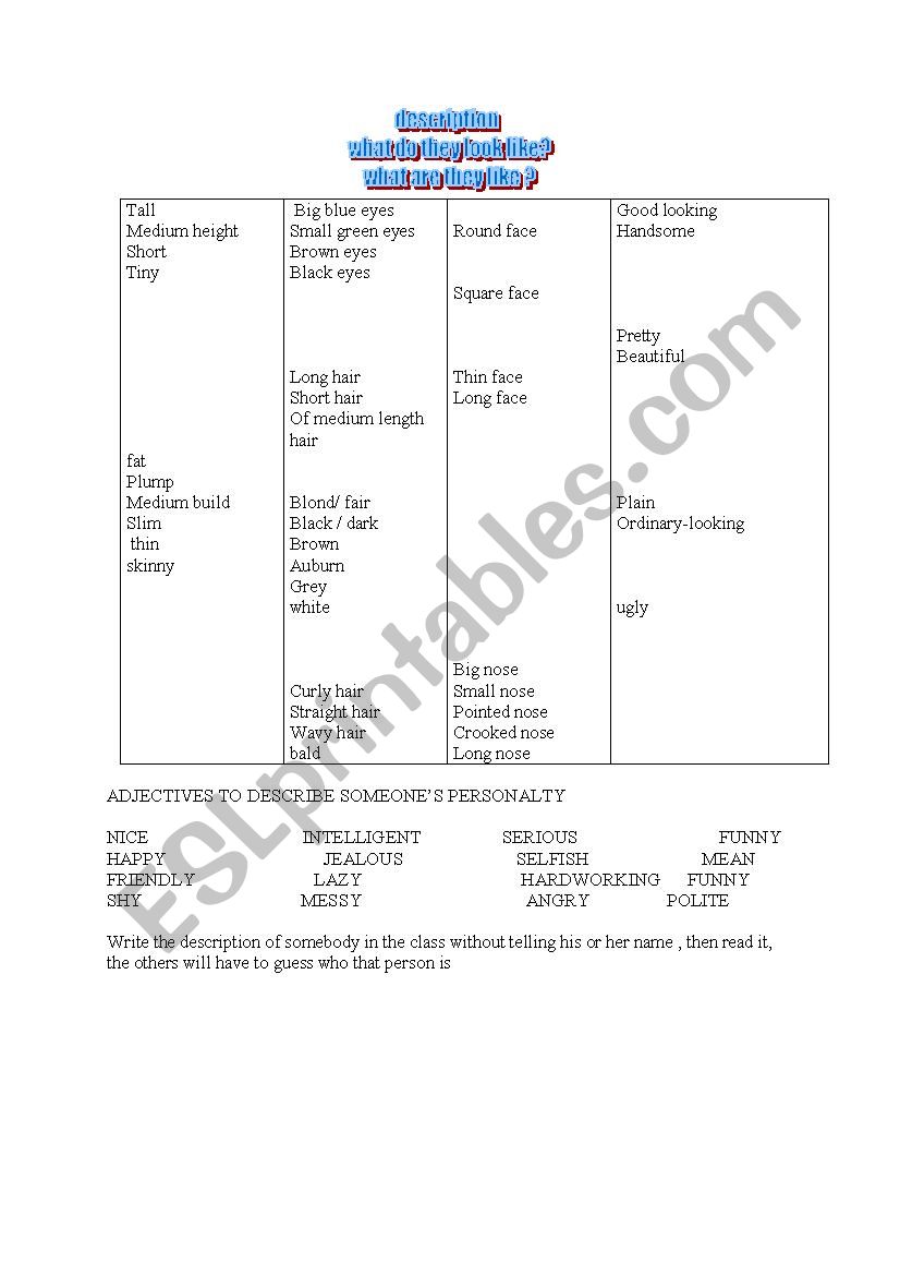 describing people  worksheet