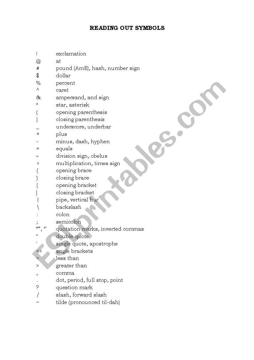 Reading out symbols worksheet