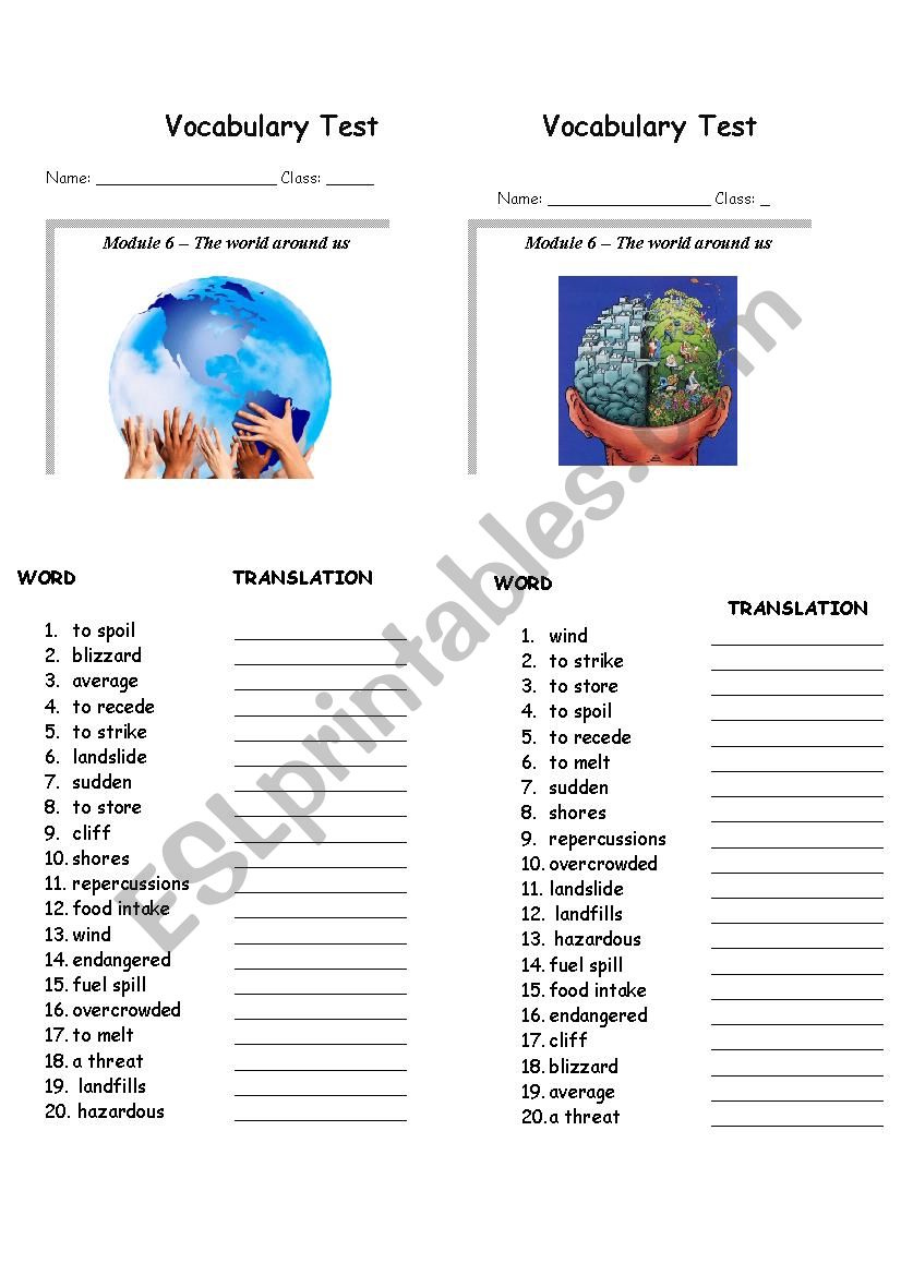 Vocabulary test - Environment (The world around us)