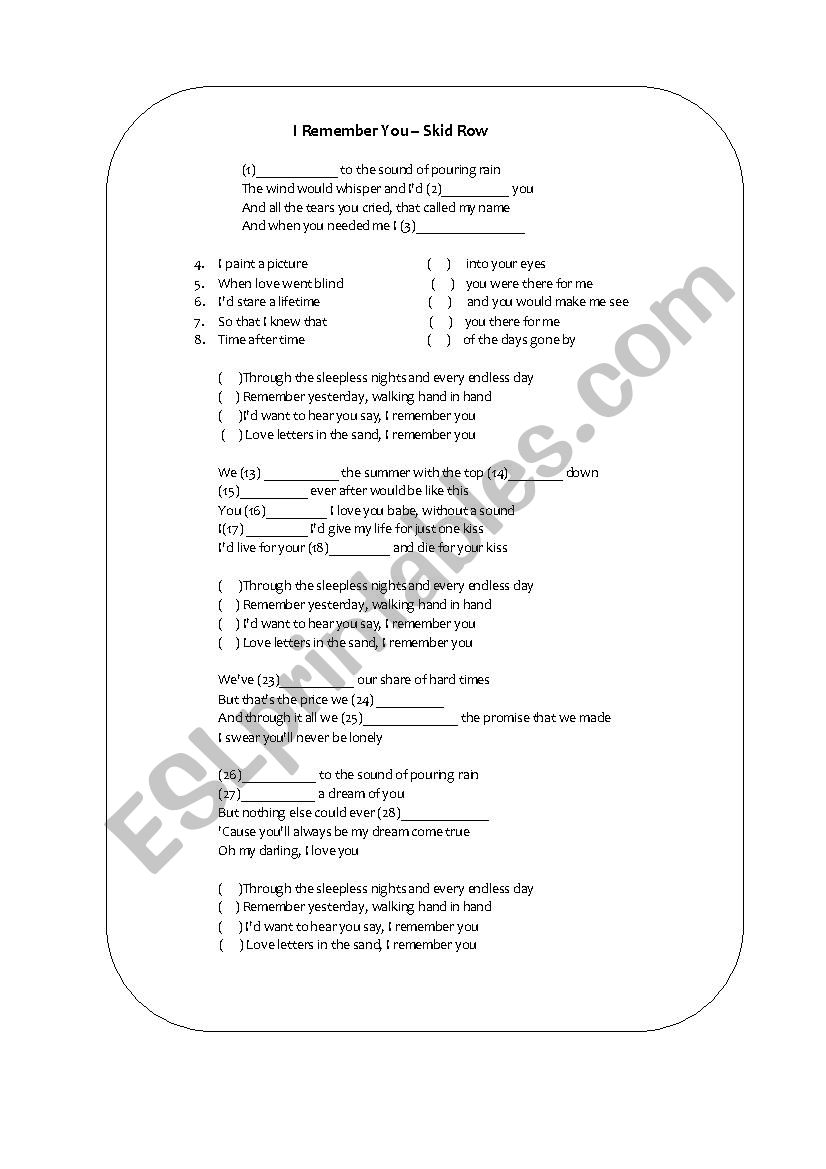 Son I remember you- Skid Row worksheet