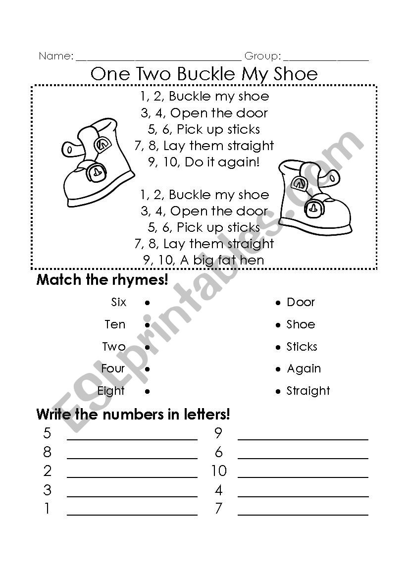 One Two Buckle My Shoe worksheet