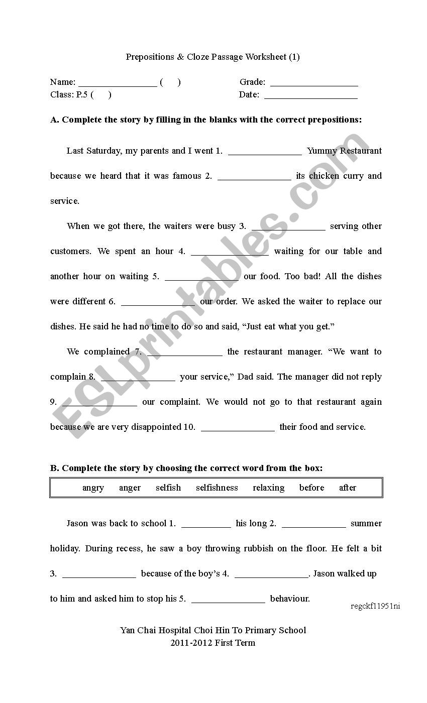 Preposition cloze Passage worksheet