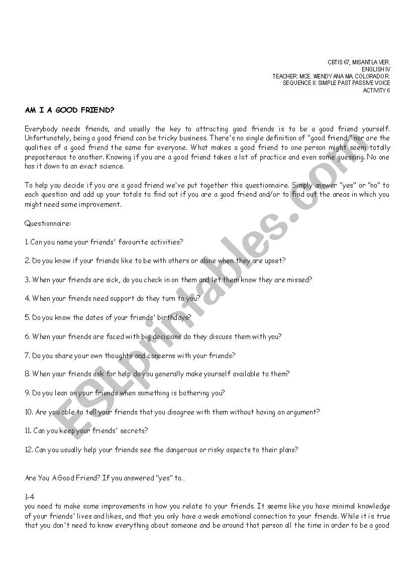 am I a good friend? worksheet