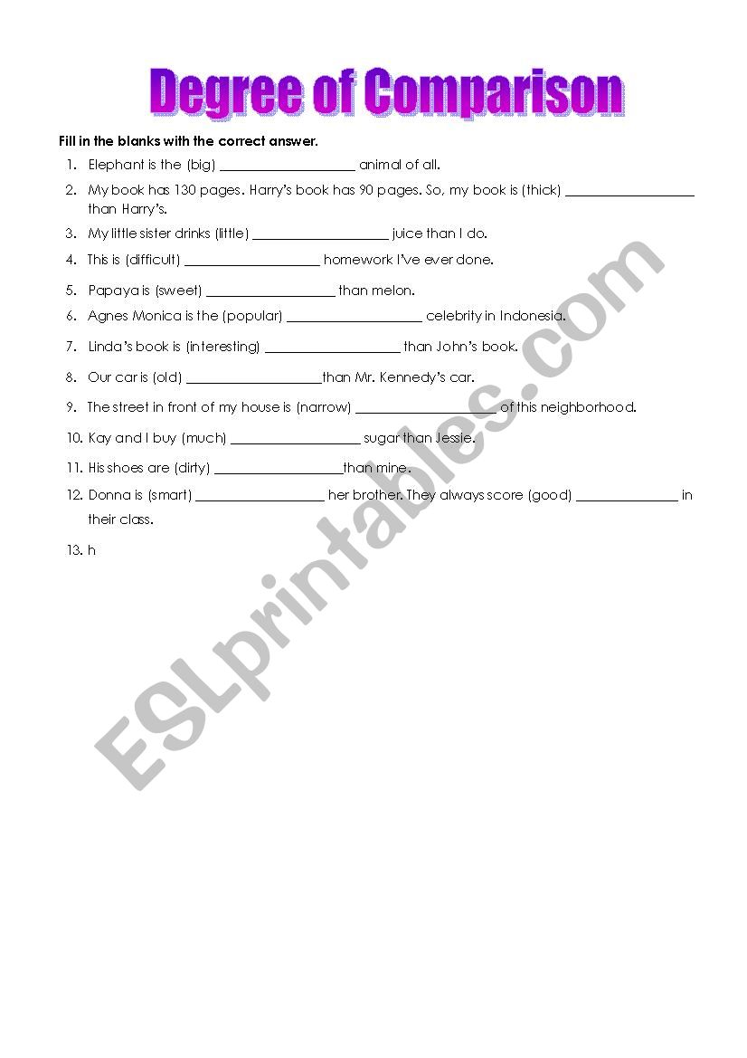 Degree of comparison worksheet