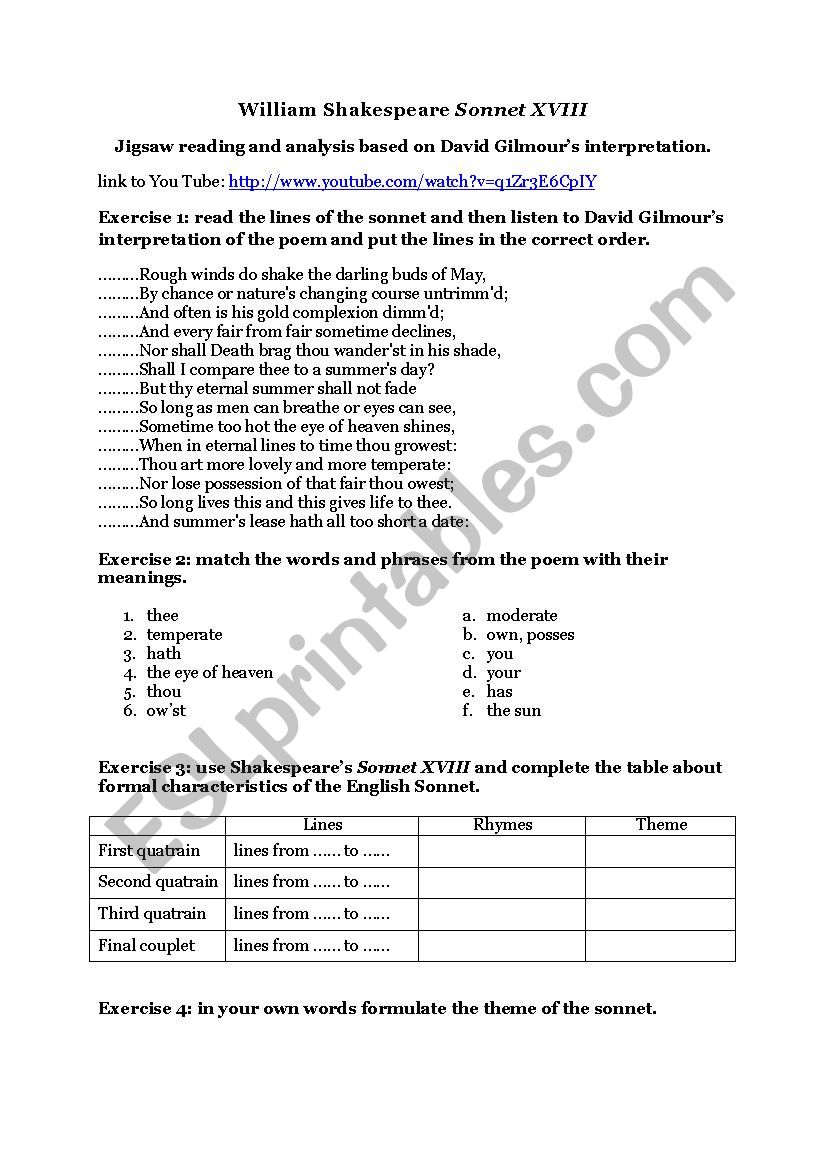 William Shakespeares Sonnet XVIII in David Gilmours interpretation