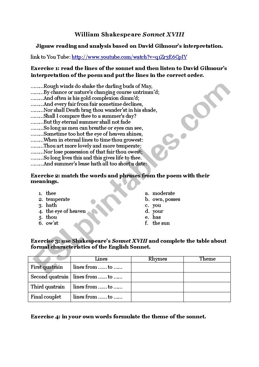 William ShakespeareÂ´s Sonnet XVIII in David GilmourÂ´s interpretation