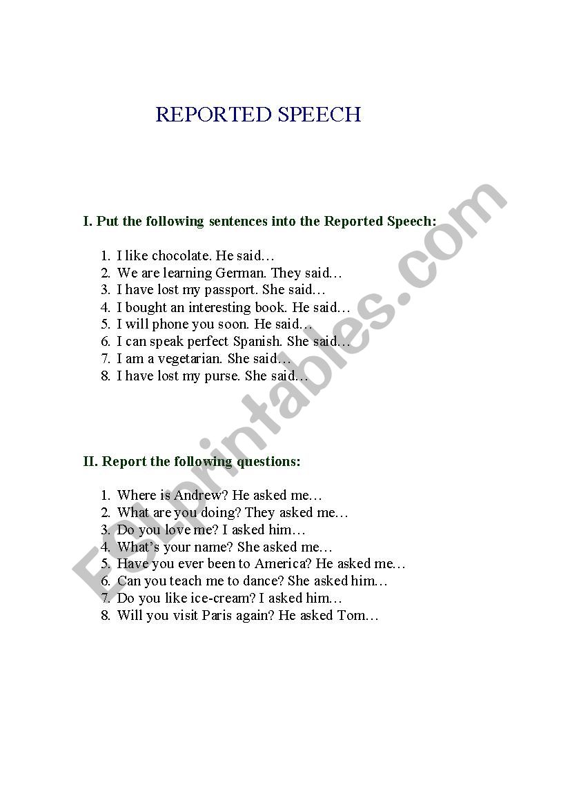 Reported speech worksheet