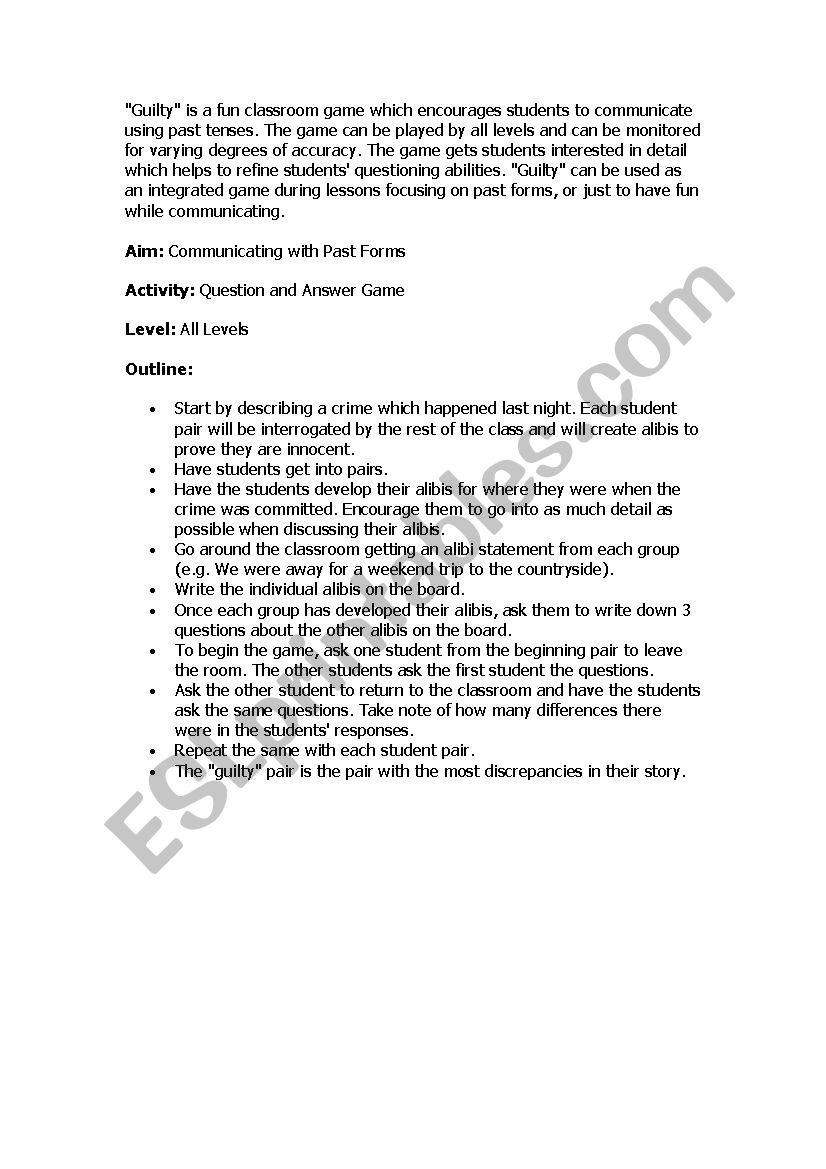 Guilty Innocent Alibi Group Exercise Esl Worksheet By Mikeyelmesy