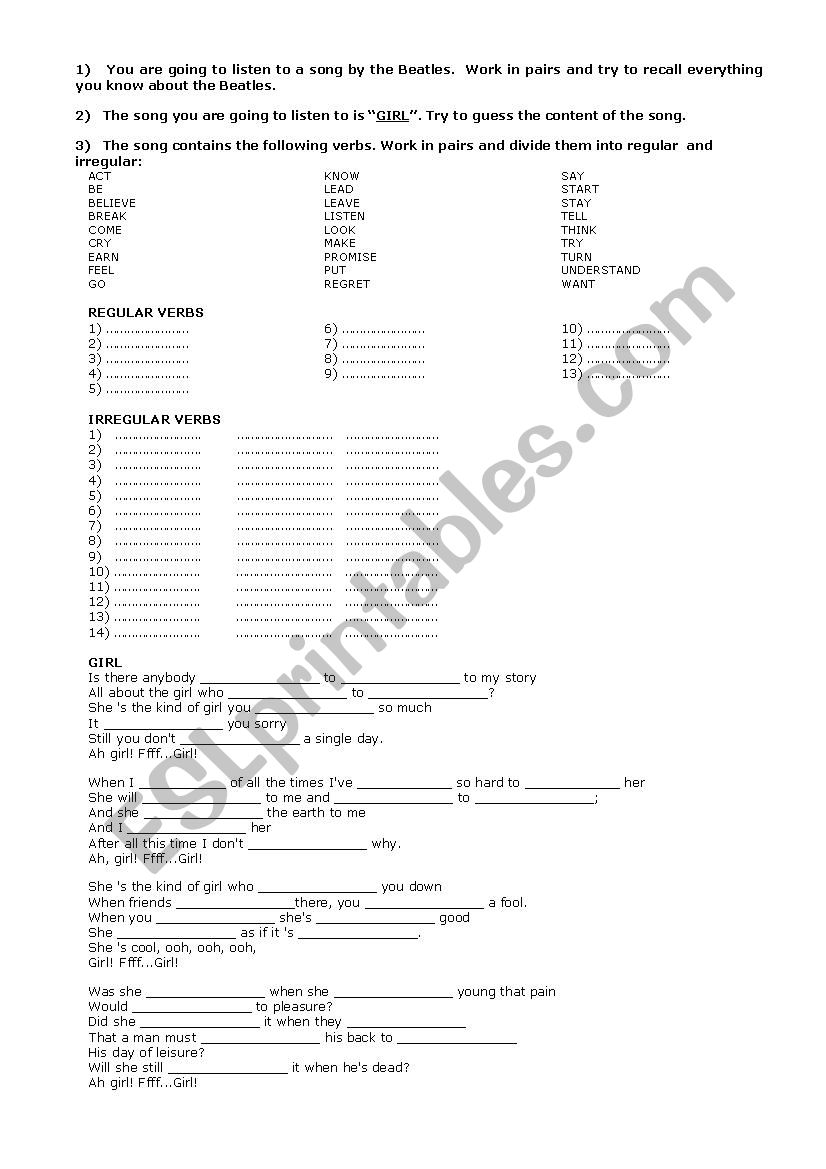 Revise tenses and irregular verbs with GIRL by THE BEATLES