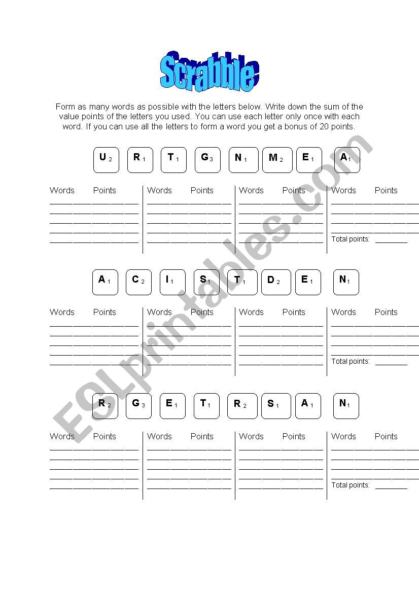 Scrabble worksheet