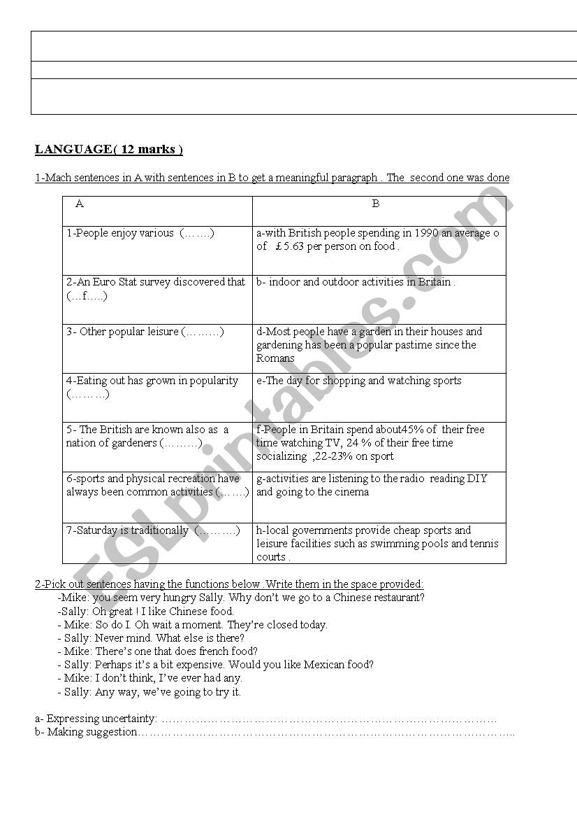 language exercises worksheet