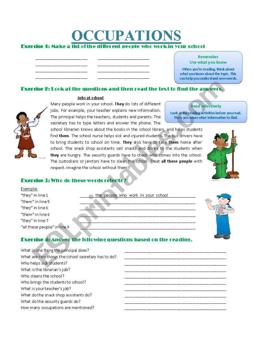 Occupations: reading, pre-reading activity and post-reading activities