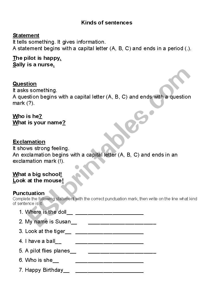 Kinds of sentences - ESL worksheet by Teacher Wendy Throughout Kinds Of Sentences Worksheet