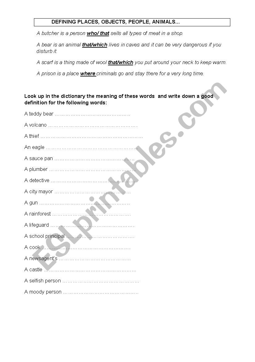 definitions  worksheet