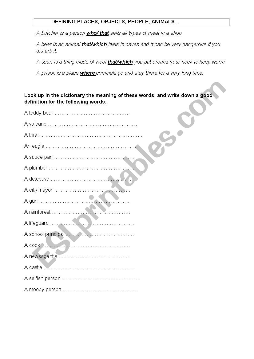 definitions  worksheet