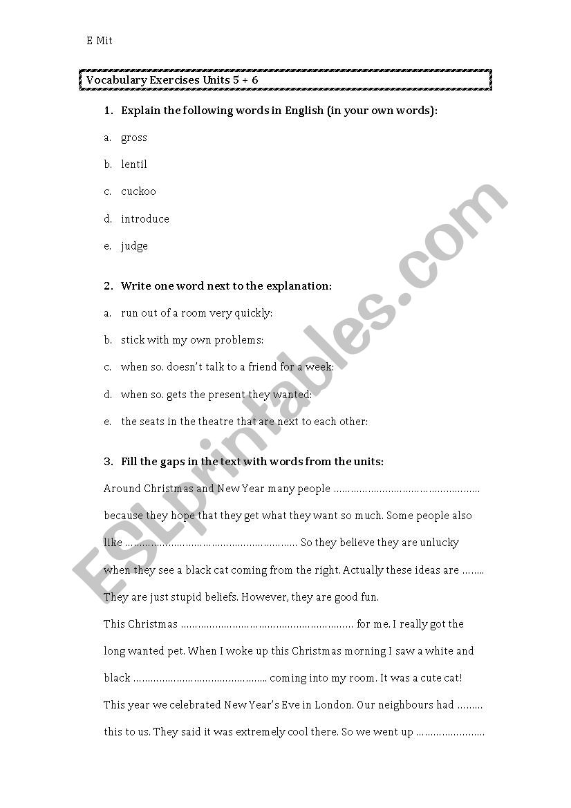Vocabulary Exercises More 3 Units 5 and 6