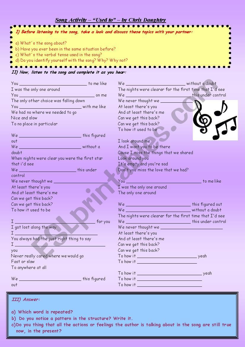 Song - Used to worksheet