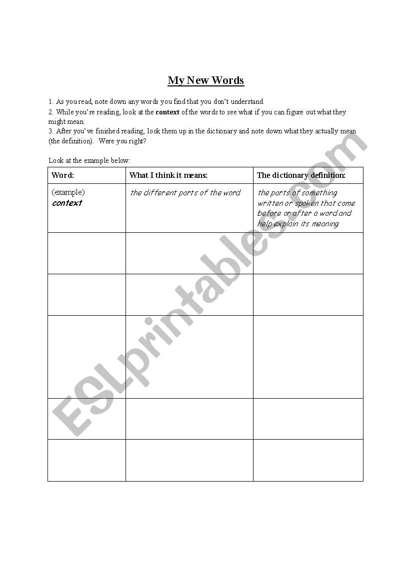 My New Words worksheet