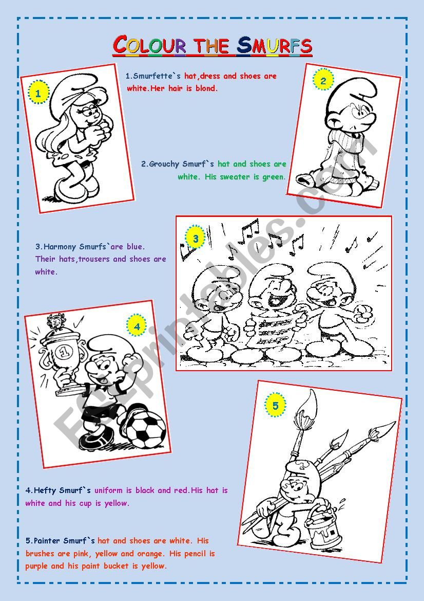 Colour the Smurfs worksheet