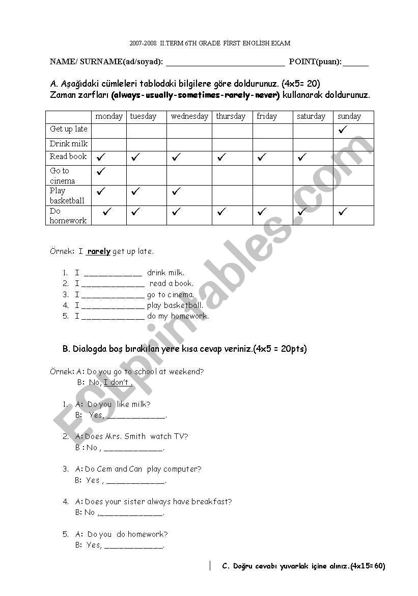 EXAM FOR 6TH GRADE worksheet