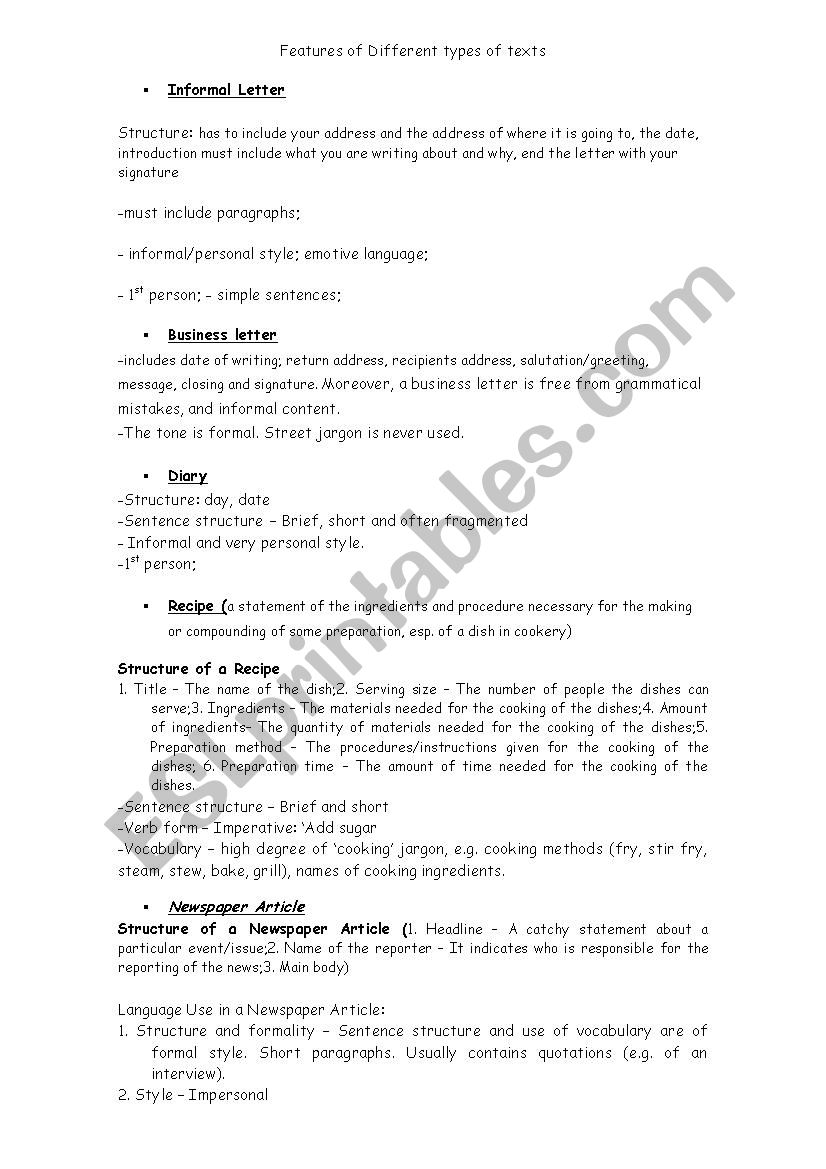 Types of texts worksheet