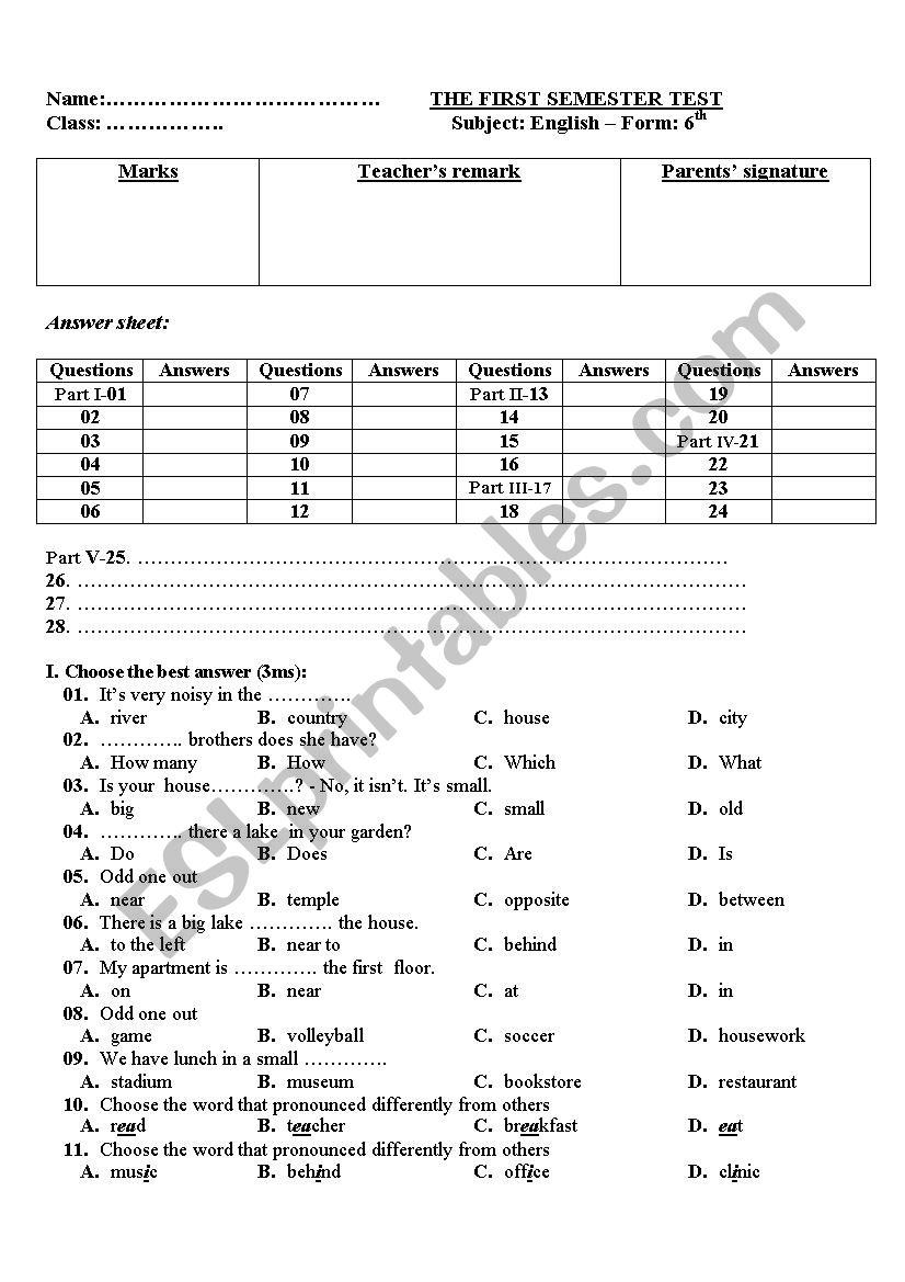 THE FIRST SEMESTER TEST-GRADE 6