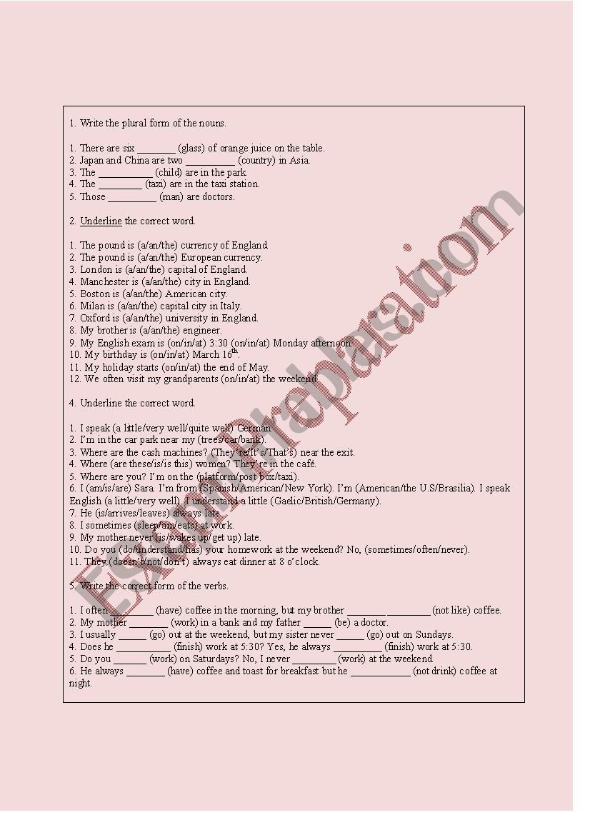 Exam Preparation/Review Worksheet