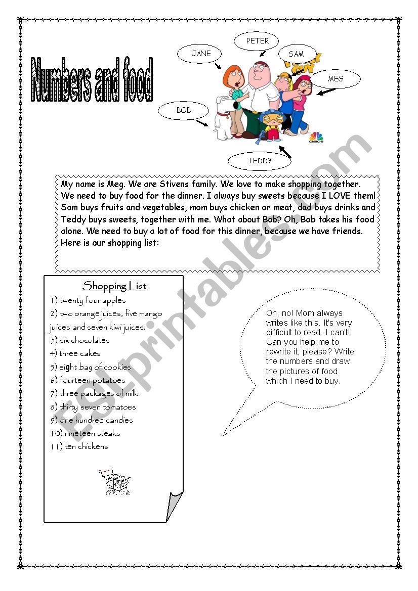 Food and numbers worksheet
