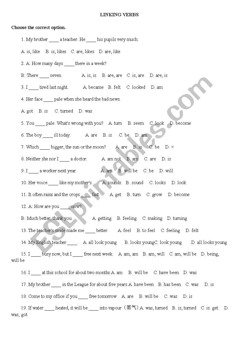 linking verbs worksheet